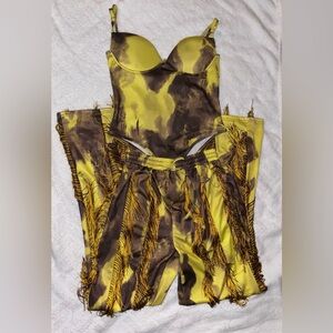 Yellow and Brown Fringe Two-Piece Set